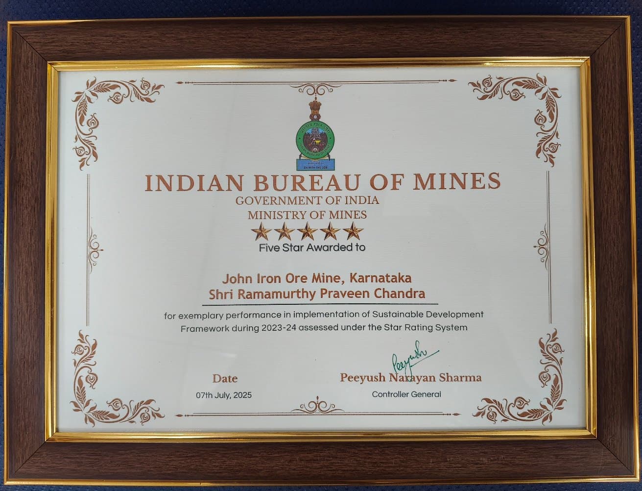 Five Star Rating Award by Indian Bureau of Mines - Sustainable Development Framework for the year 2023-24 - Award Given by Mr. Kishan Reddy - Union Minister of Coal and Mines