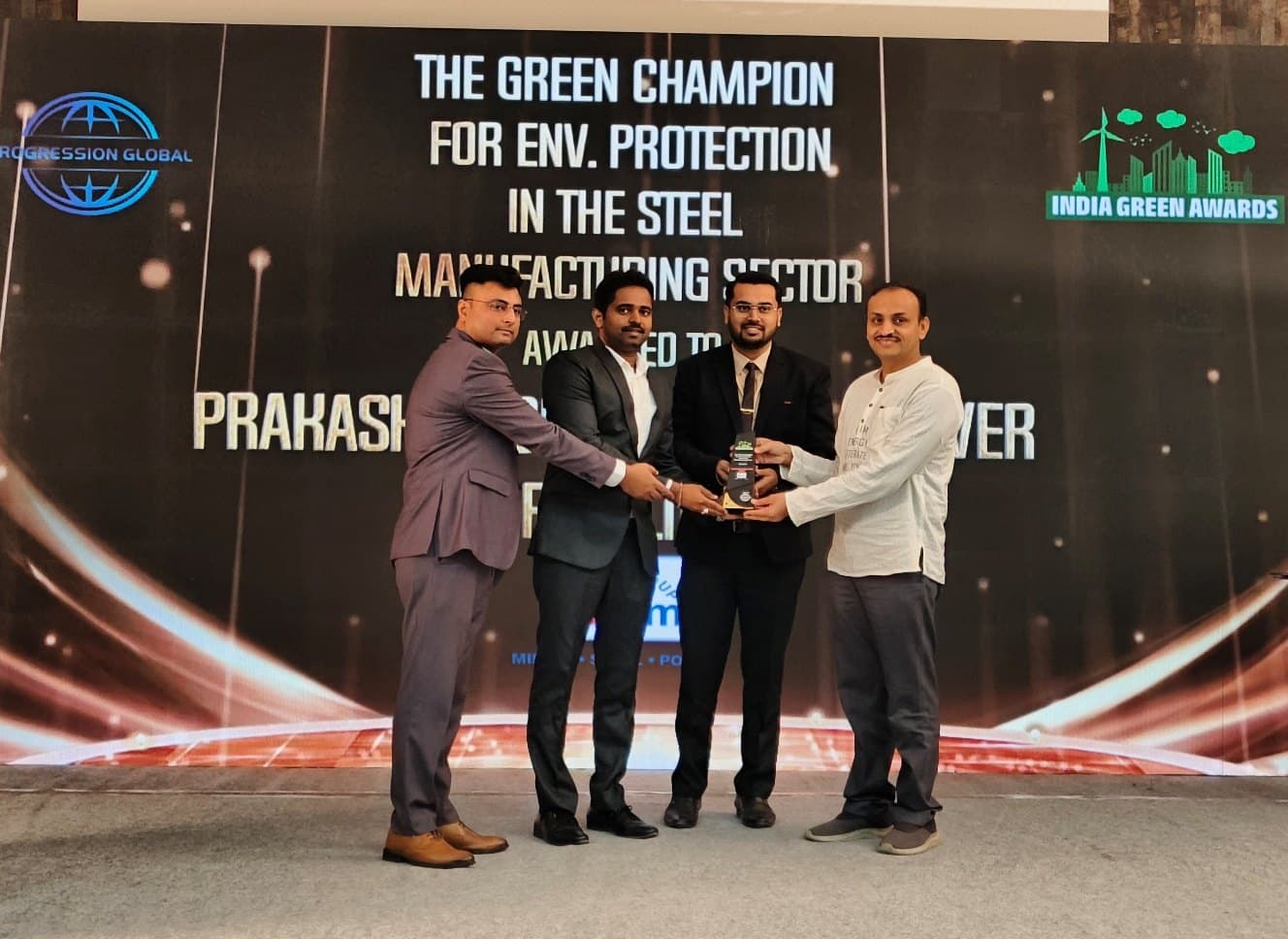 2024 award as The Green Champion in Environment Protection in the steel manufacturing sector by India Green Awards through hands of Solar Gandhi of India Prof. Chethan Solankhi